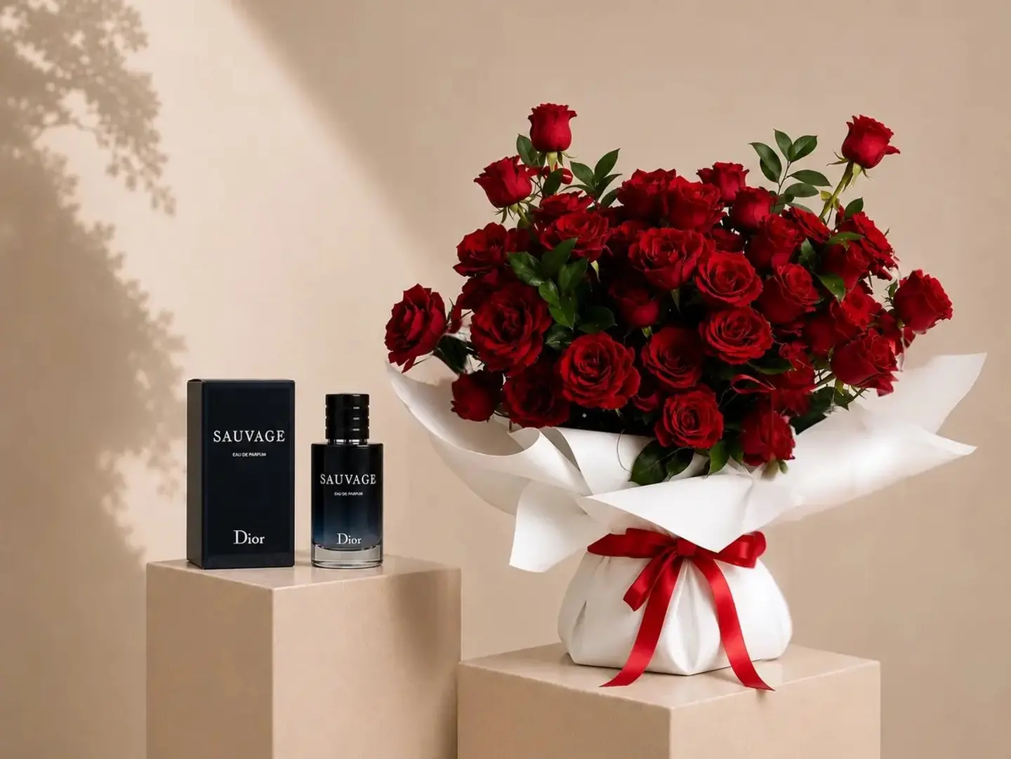 Red Rose Bouquet With Sauvage Perfume From Dior