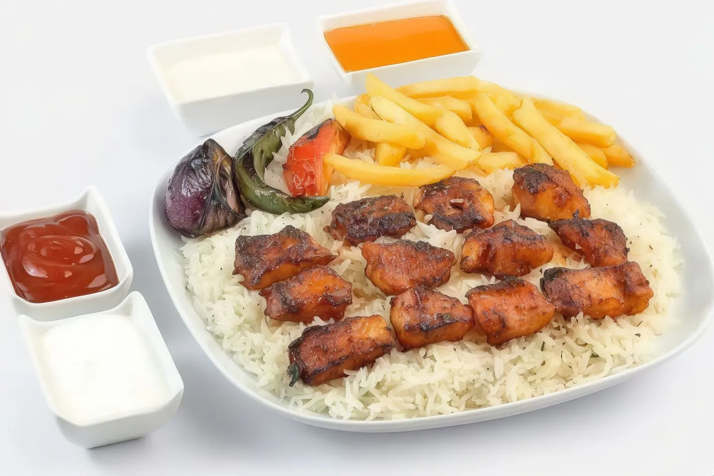 صحن نفر ثلاثة اسياخ فيليه سمك مع الرز والبطاطس والسلطات