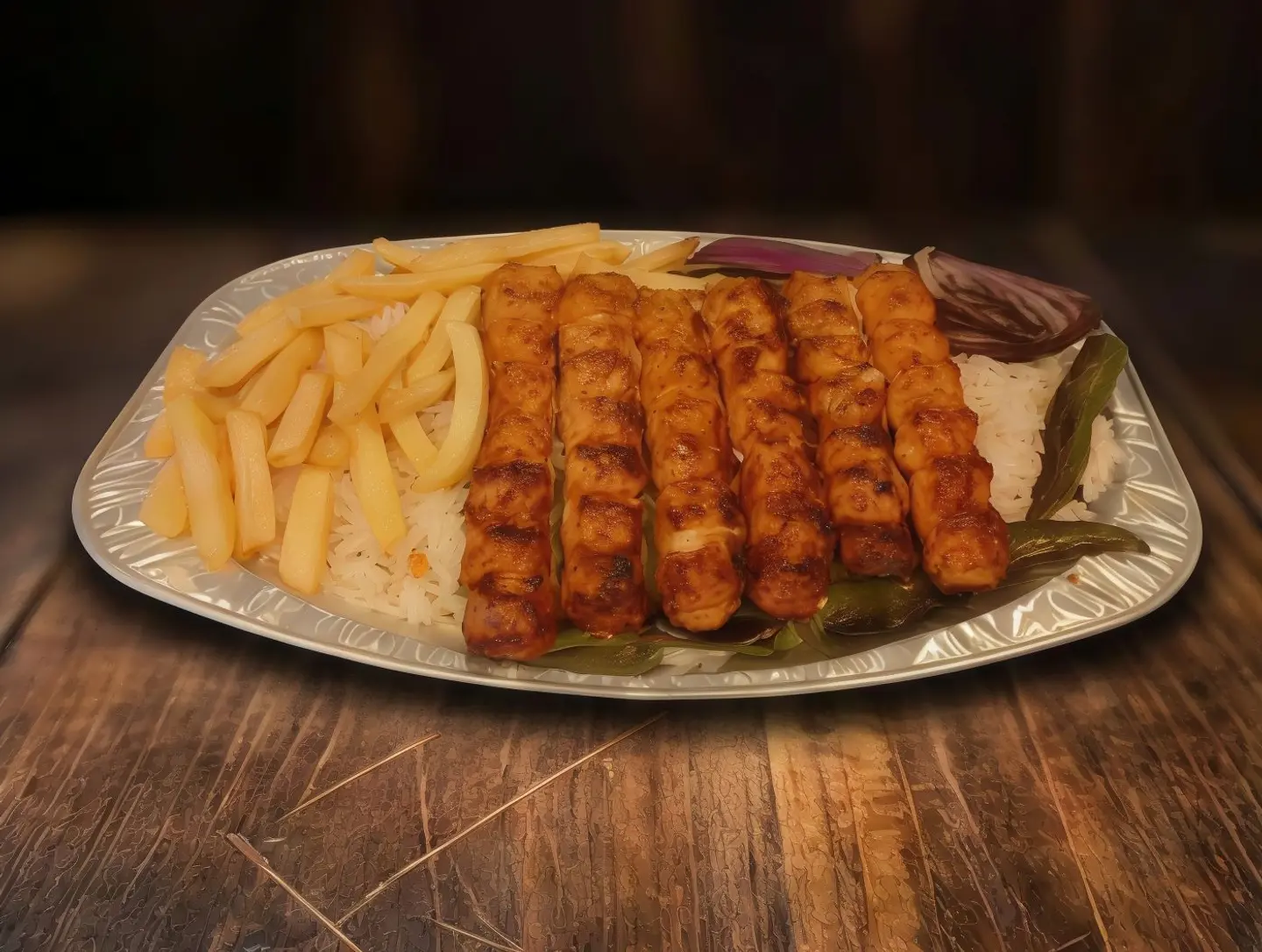 One Kilo Plate Of Twelve Chicken Kebab Skewers With Rice Potatoes And Salads