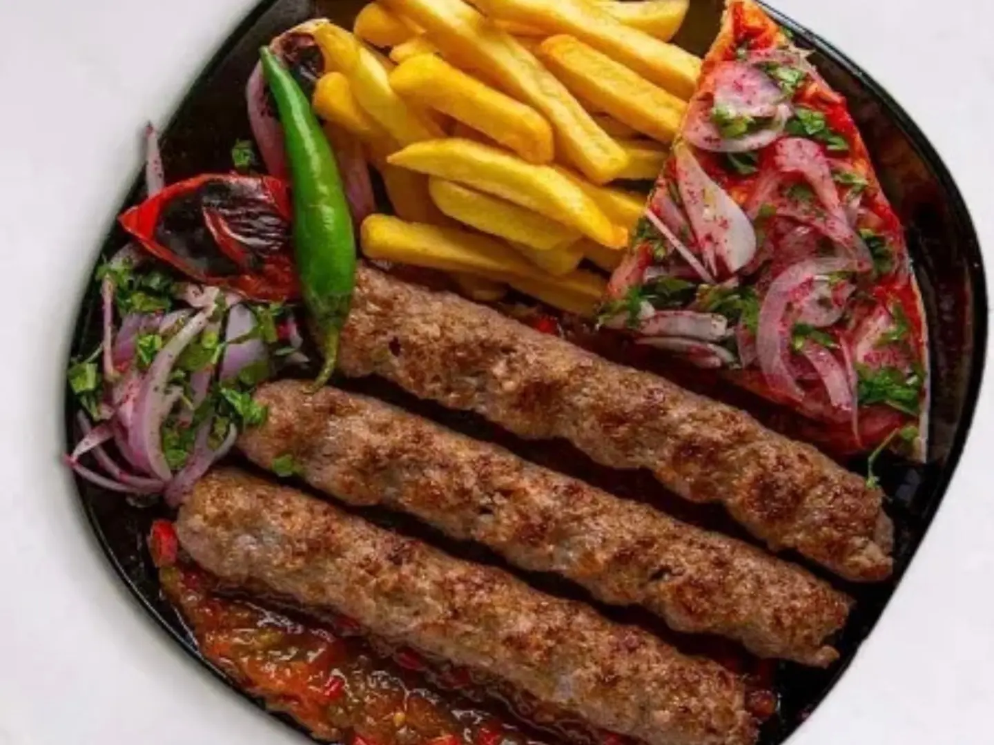 One Kilo Plate Of Twelve Skewers Of Meat Kebab With Rice Potatoes And Salads