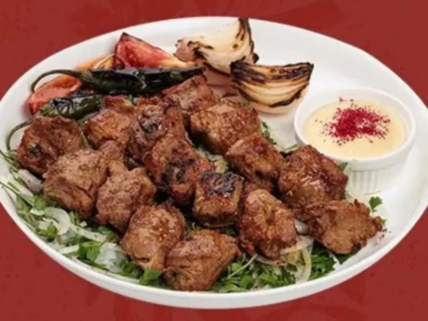 Half A Kilo Plate Of Six Skewers Of Meat With Rice Potatoes And Salads