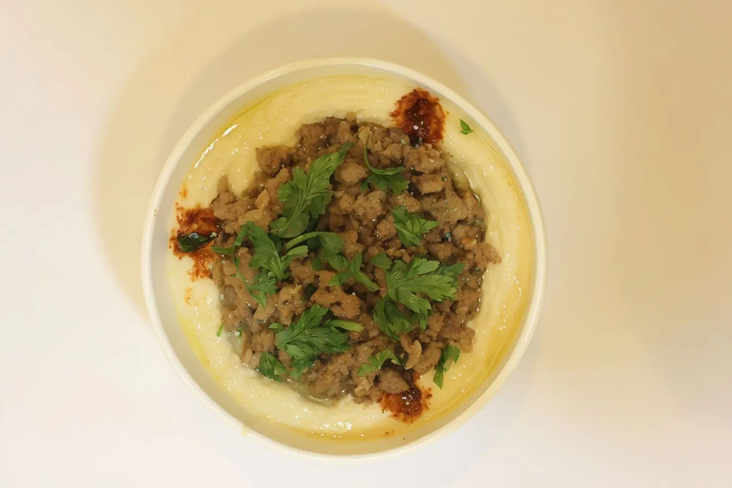 Hummus With Meat And Pine Nuts