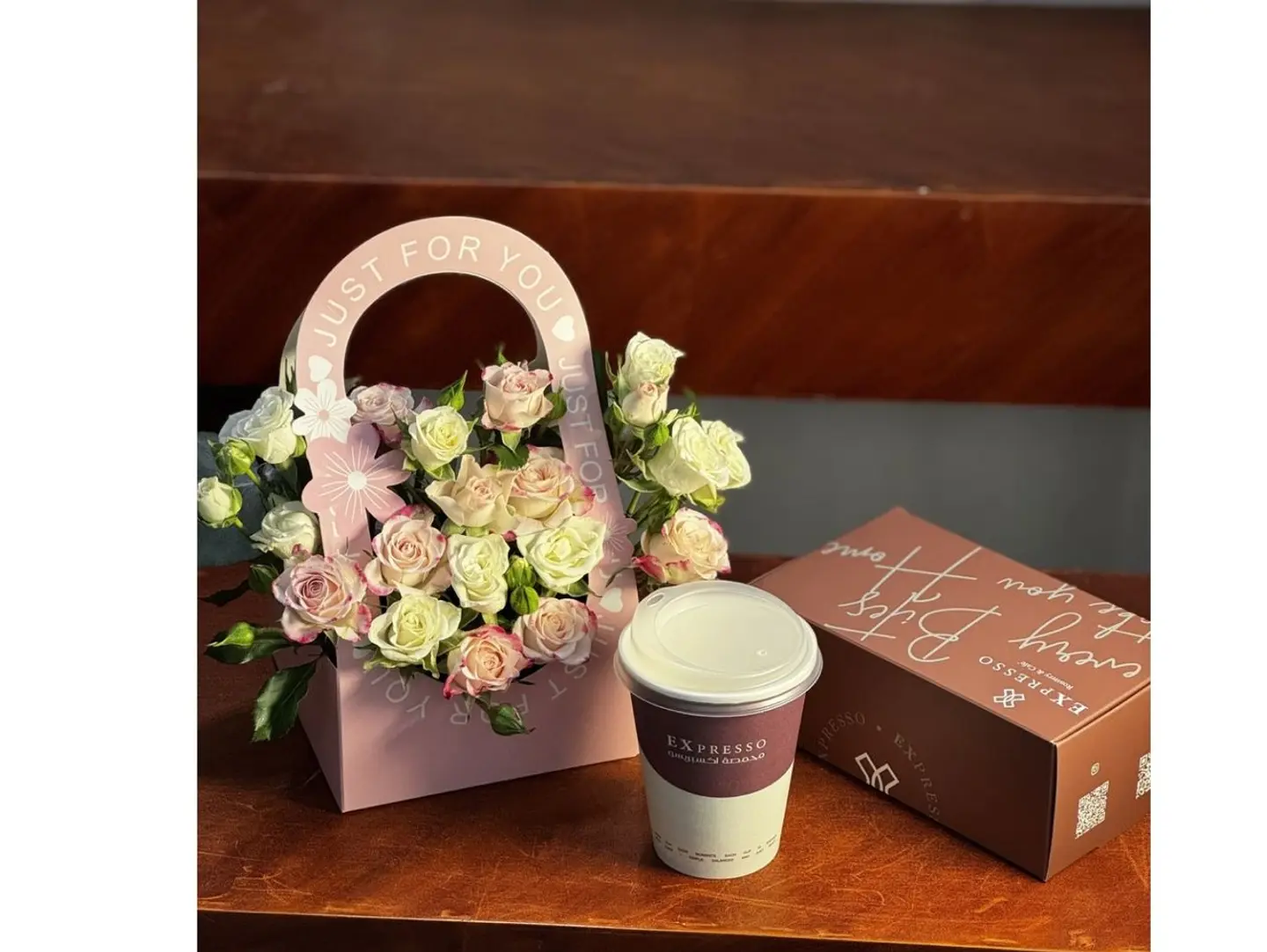 Chocolate Molten With Coffee And A Basket Of Roses