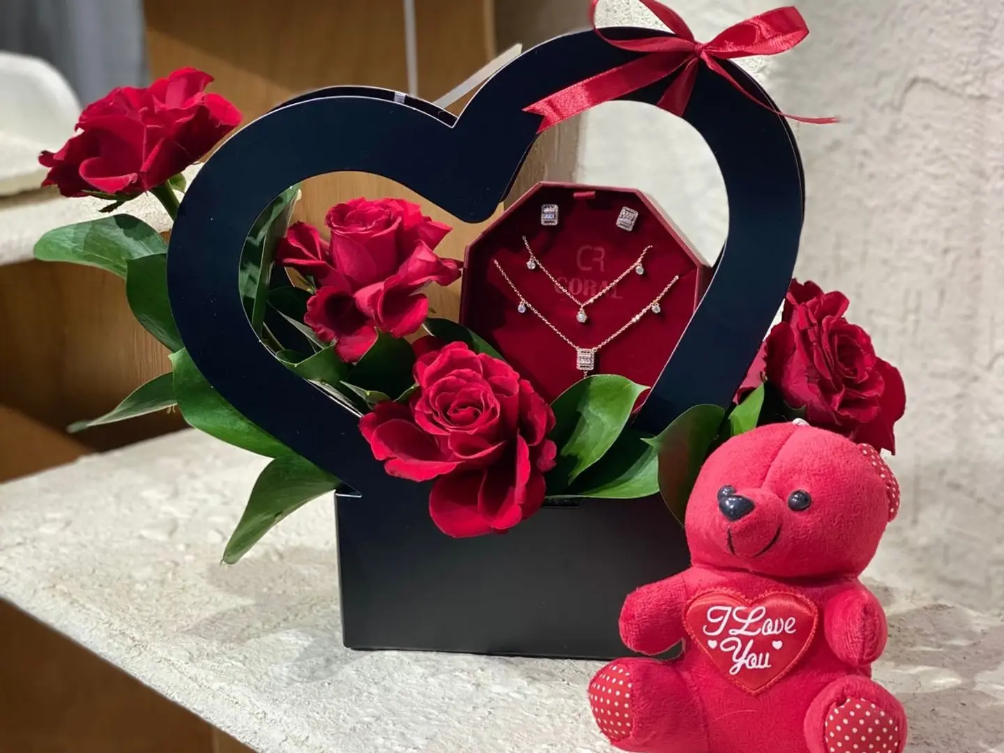 Flower Box With Necklace And Teddy Bear