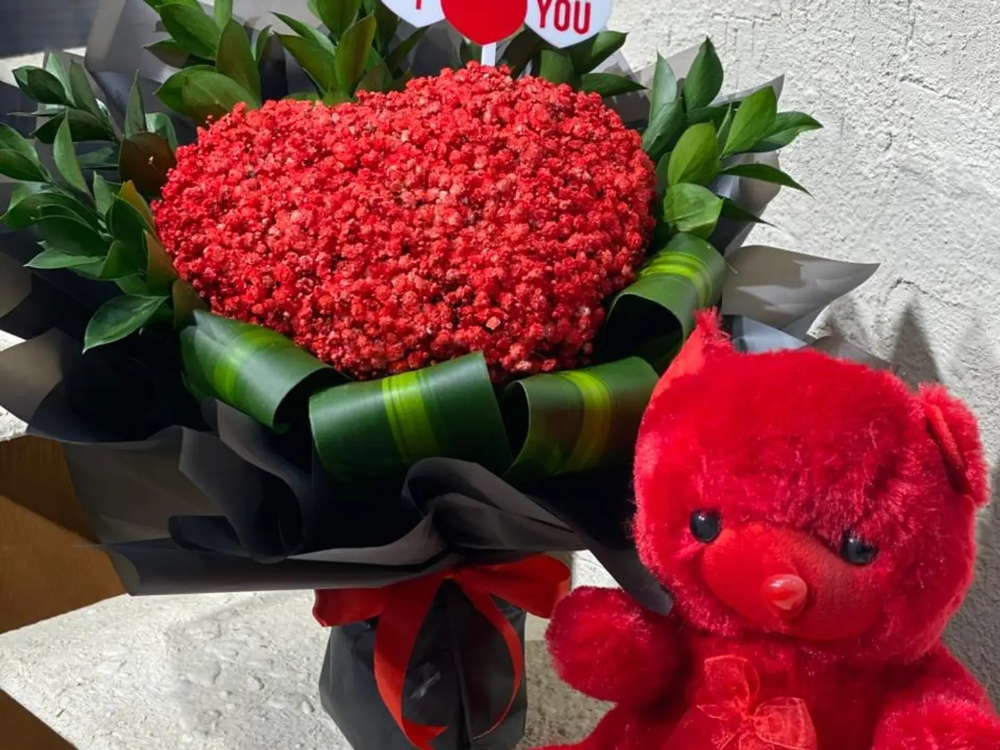 Red Heart Bouquet With Teddy Bear