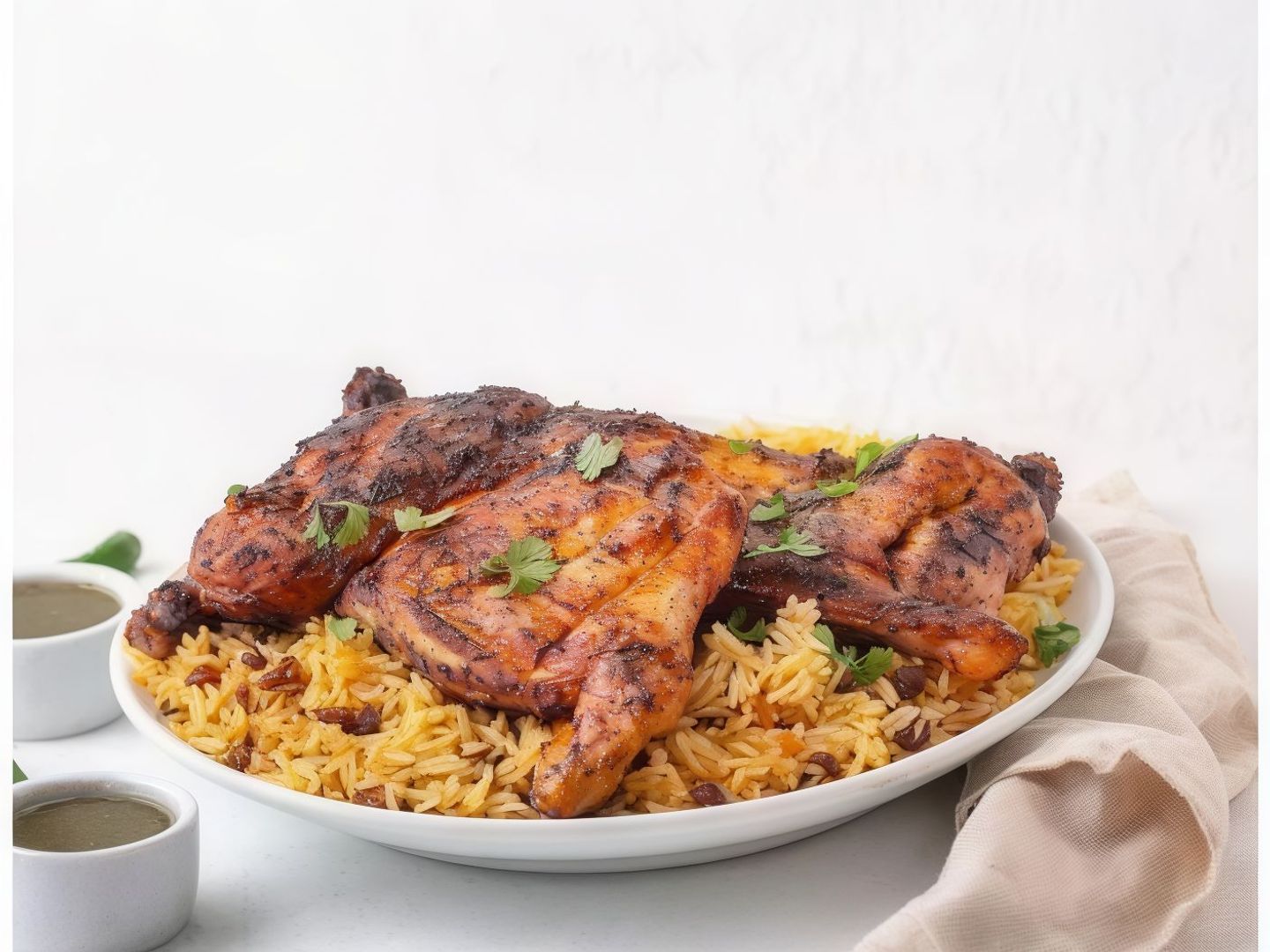 نص حبة دجاج فحم مع الرز