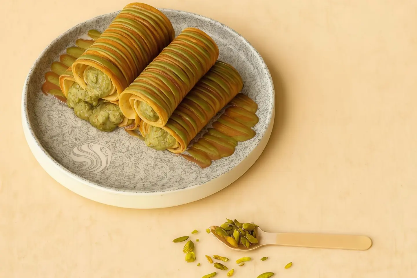 Pistachio Kunafa Crepe Roll
