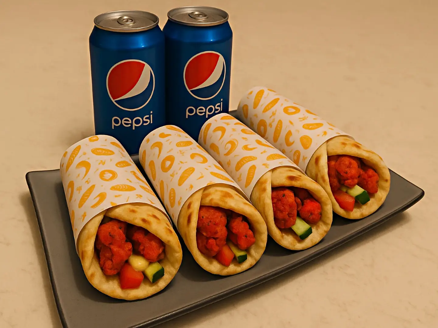 4 لفائف تيكا مع 2 بيبسي