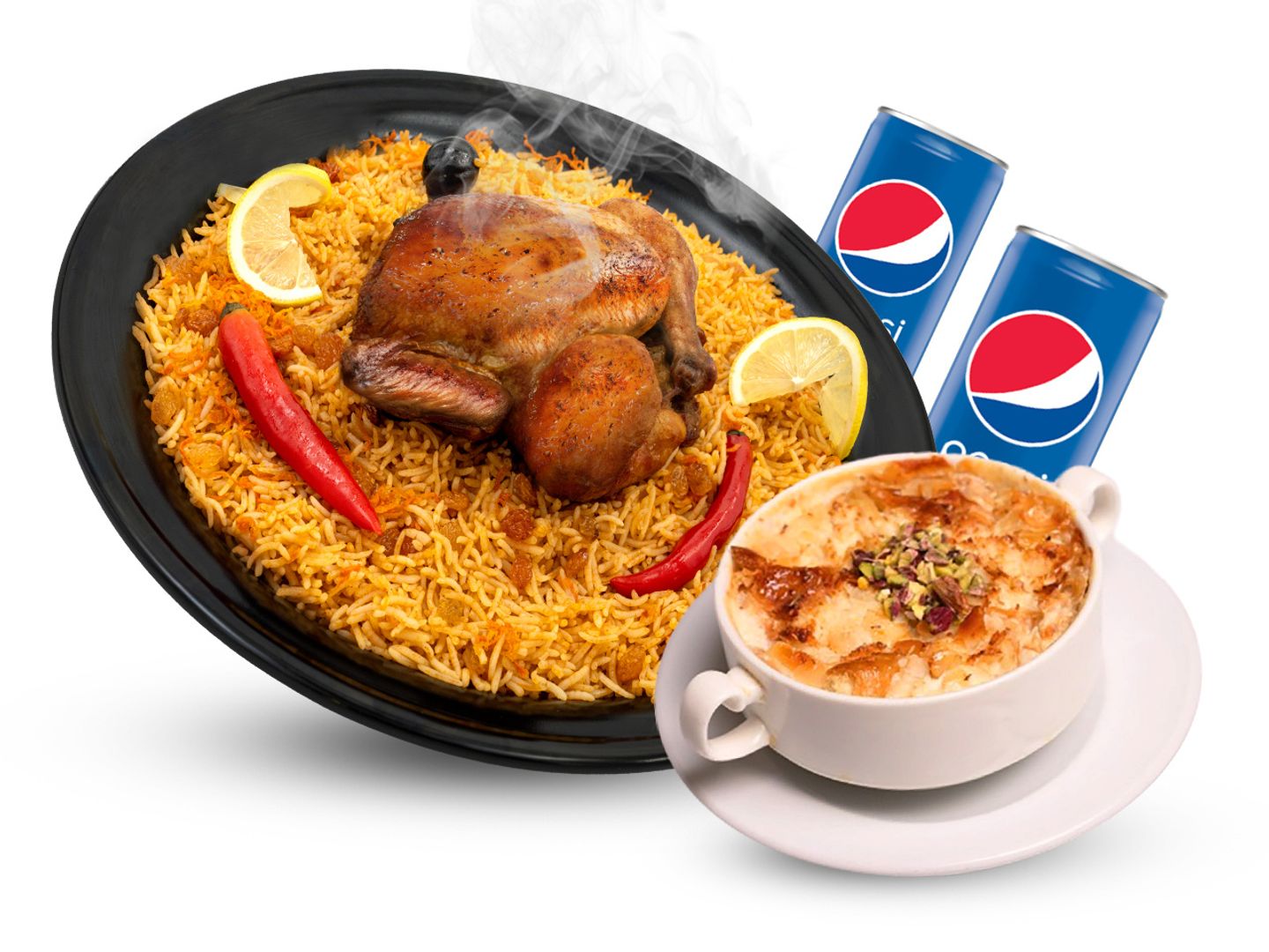 A Box Consisting Of A Chicken With Rice, Umm Ali Dessert, And Two Small Soft Drinks.