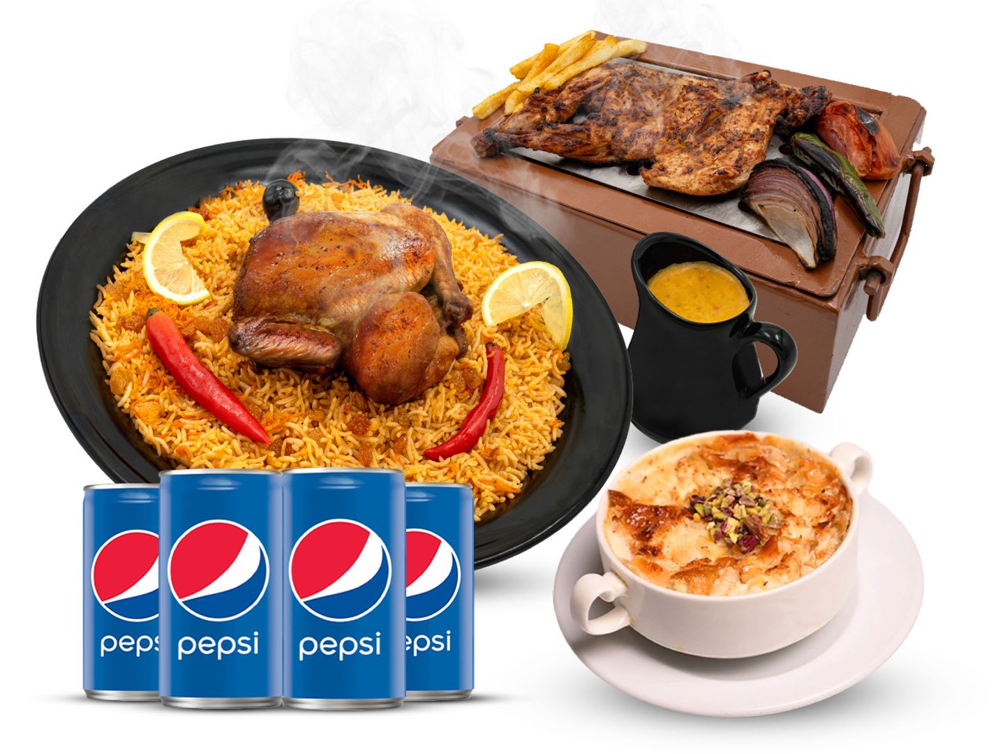A Box Consisting Of One And A Half Grilled Chicken With Charcoal, Rice, Boca Sauce, Umm Ali Dessert, And 4 Small Soft Drinks.