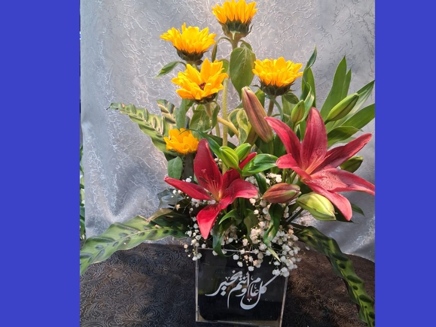 Big Vase Red Lilium ,Sunflower, Green Leaves,
