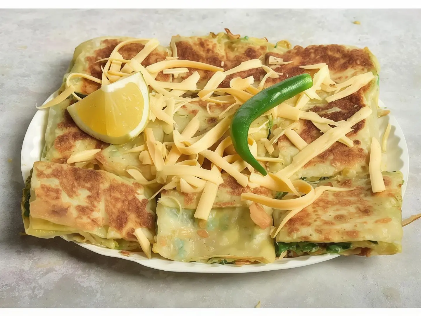 Cheddar Cheese Mutabbak With Vegetables