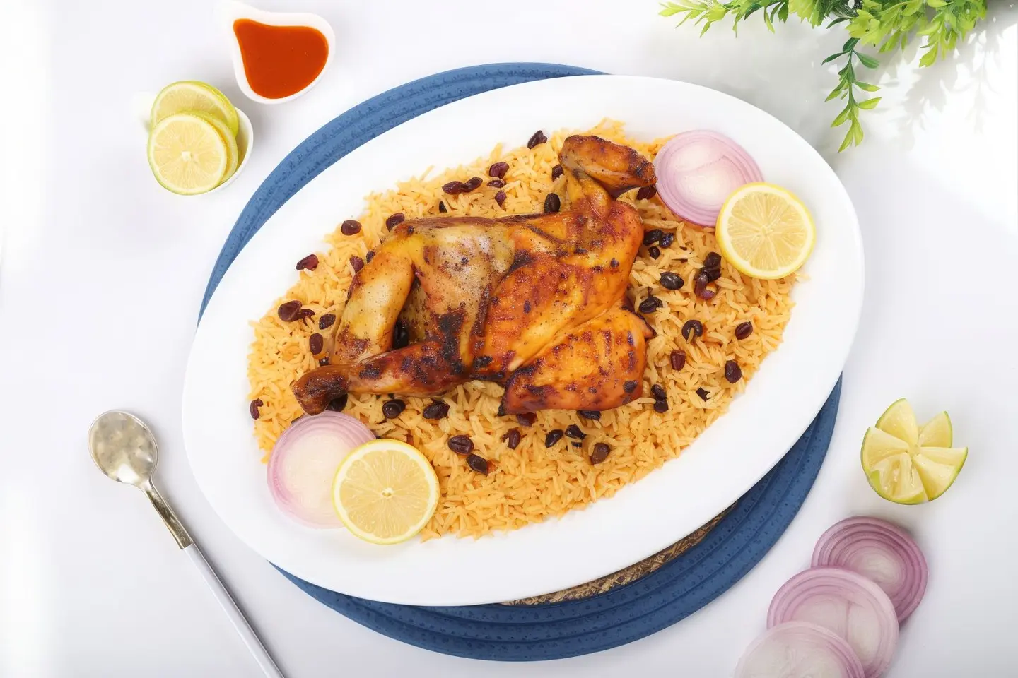 نصف دجاج على الفحم رز بخاري