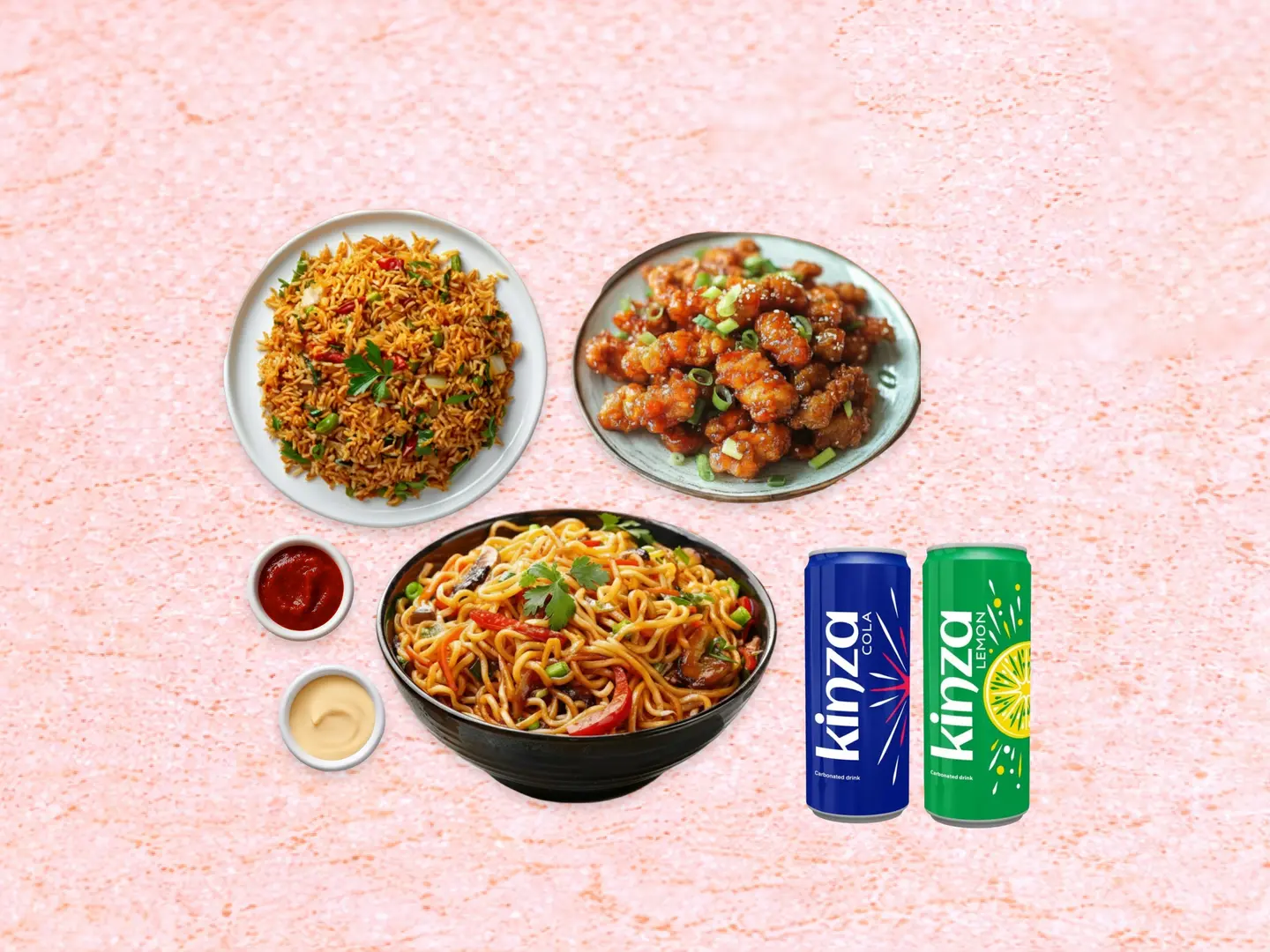 دجاج بالفلفل الحار، نودلز مشكلة، أرز مقلي مشكلة واثنين من الكينزا