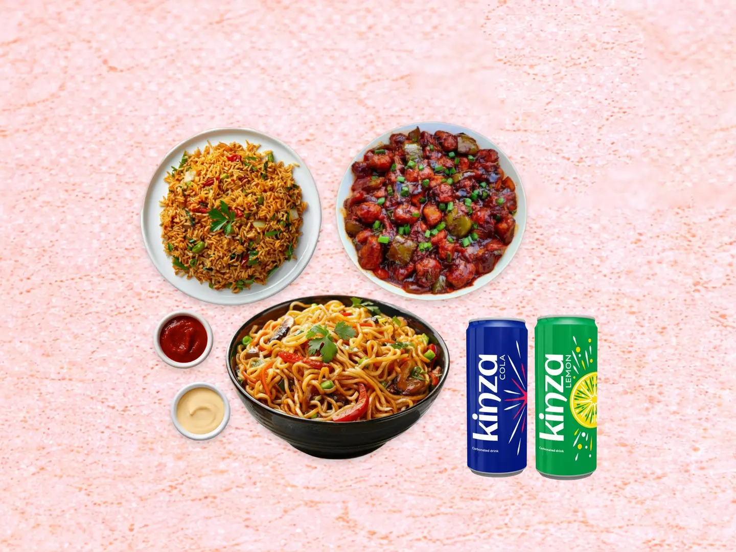 دجاج منشوريا، نودلز مشكلة، أرز مقلي مشكلة واثنين من الكينزا