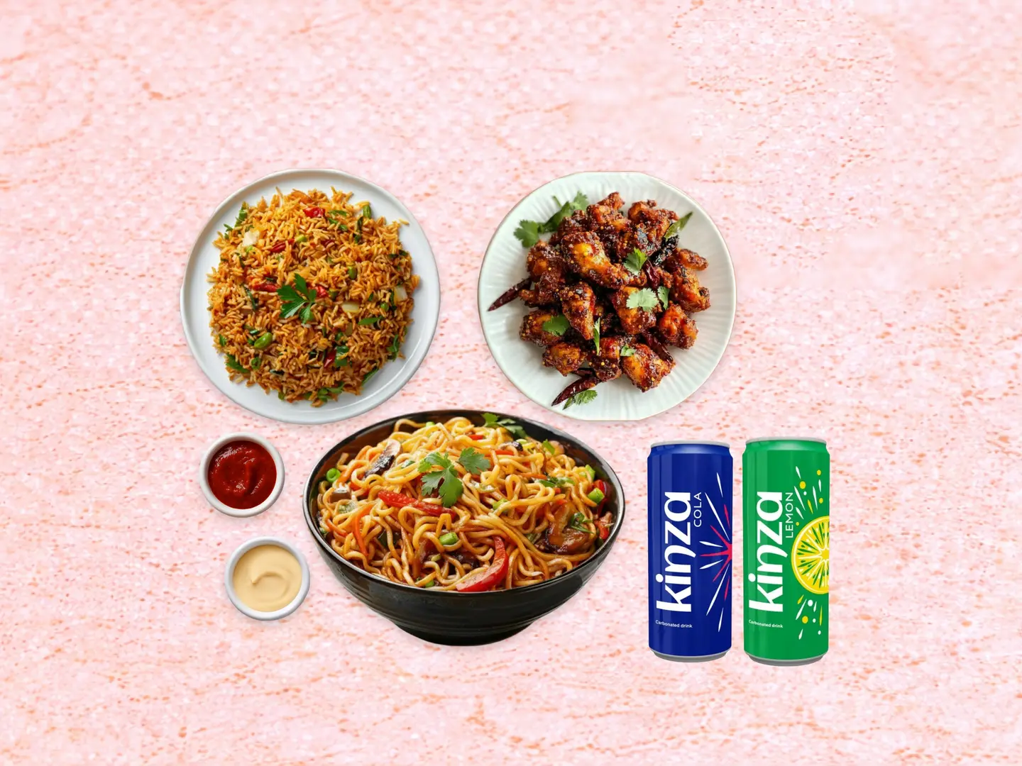 دجاج 65، نودلز مشكلة، أرز مقلي مشكل واثنين من الكينزا