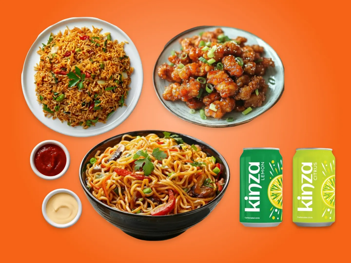 Chicken Chilli, Mixed Noodle, Mixed Fried Rice & Two Kinza