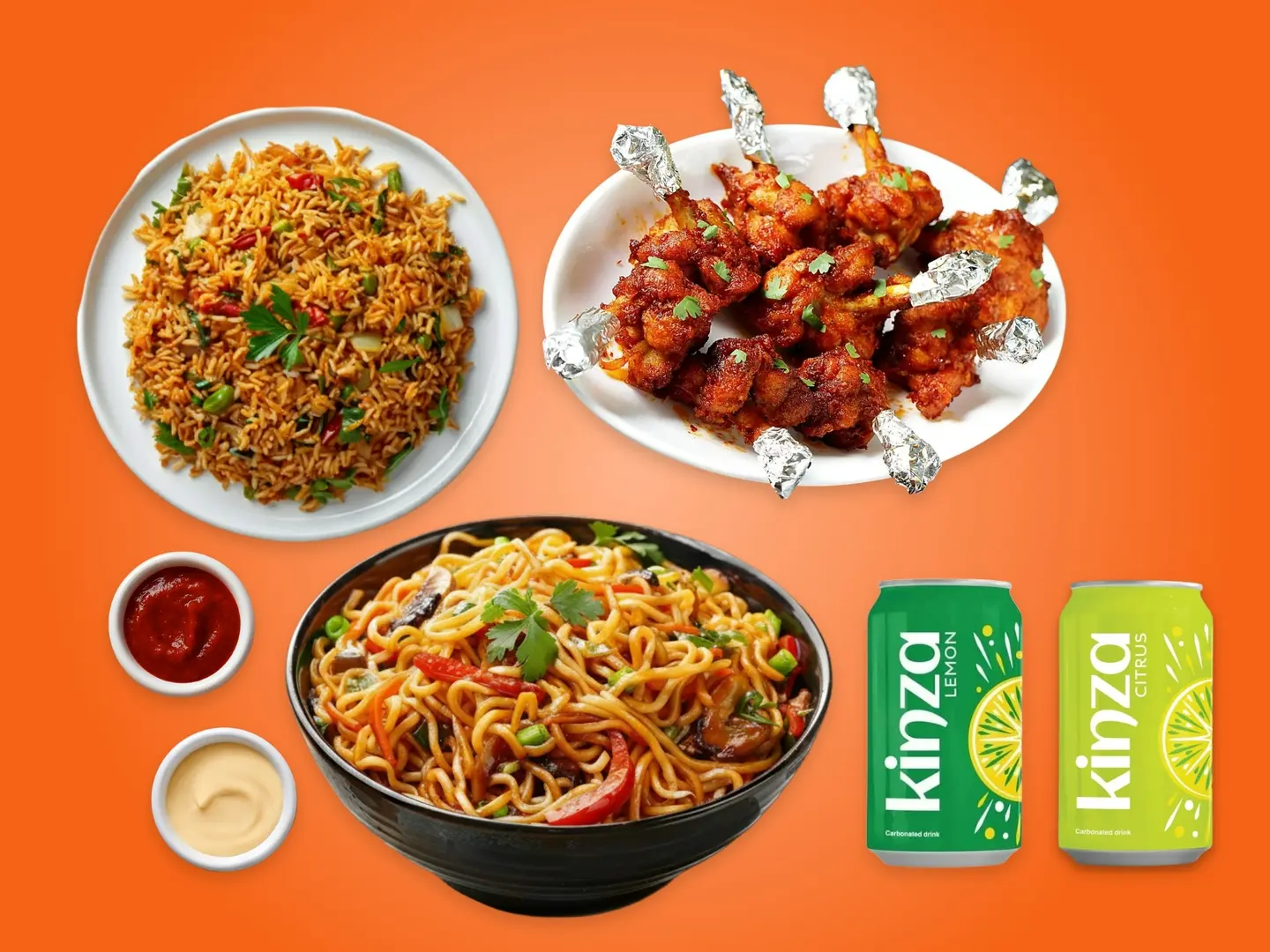 Chicken Lolipop, Mixed Noodle, Mixed Fried Rice & Two Kinza