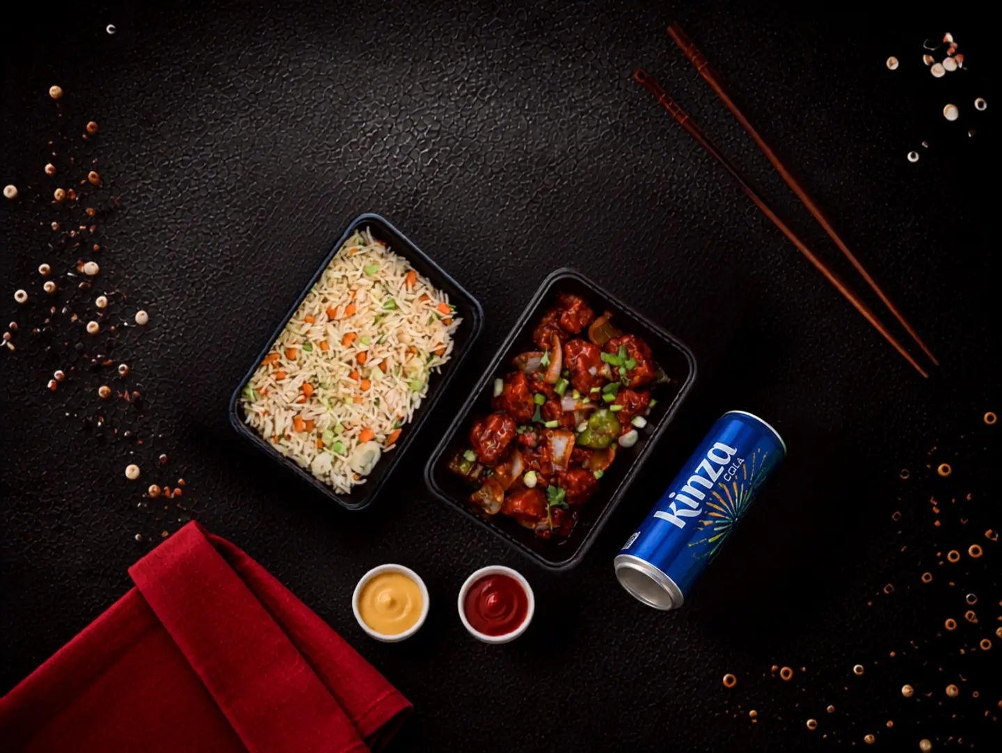 Chicken Chilli, Mixed Fried Rice & One Kinza