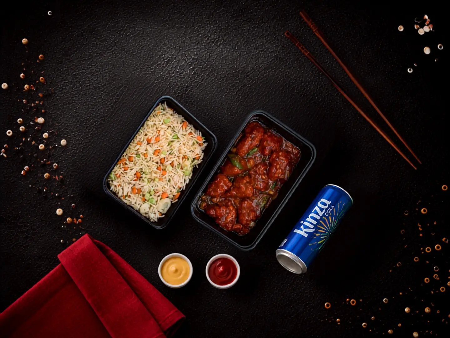 Chicken 65, Mixed Fried Rice & One Kinza