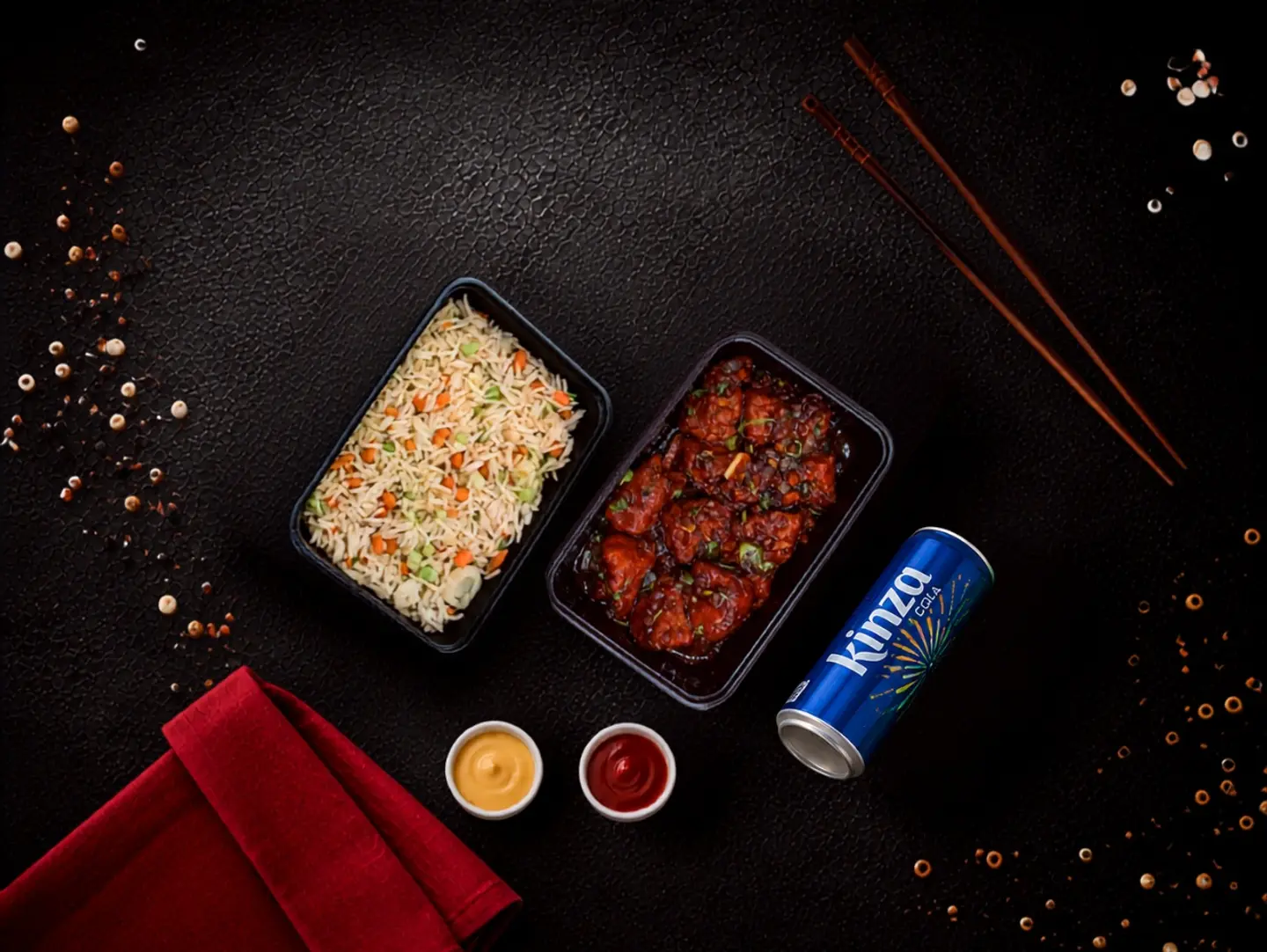 Chicken Manchurian, Mixed Fried Rice & One Kinza