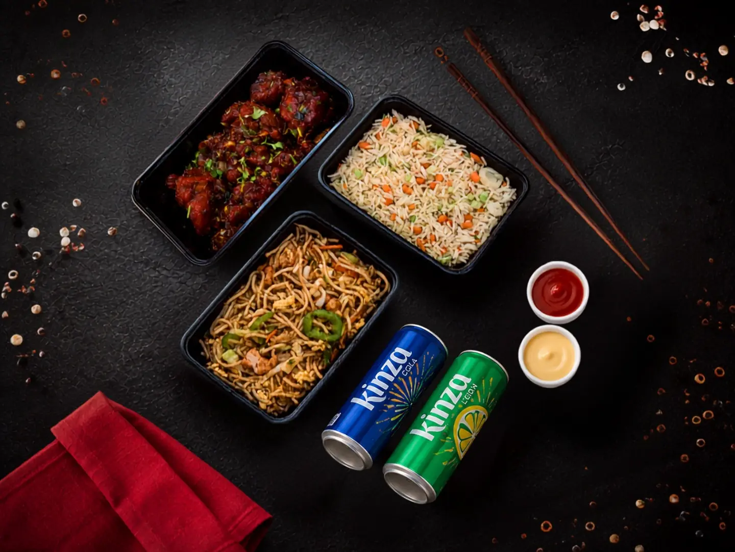 Chicken Lolipop, Mixed Noodle, Mixed Fried Rice & Two Kinza