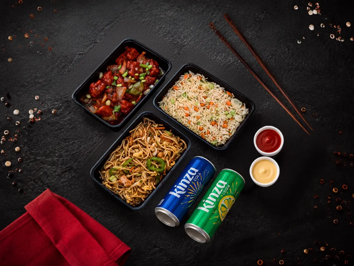 Chicken Chilli, Mixed Noodle, Mixed Fried Rice & Two Kinza