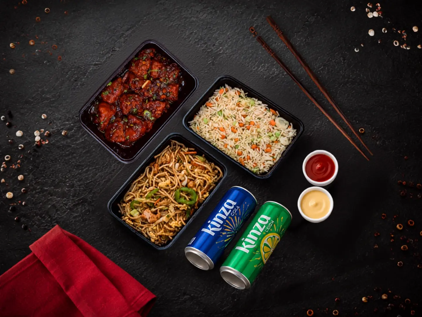 Chicken Manchurian, Mixed Noodle, Mixed Fried Rice & Two Kinza