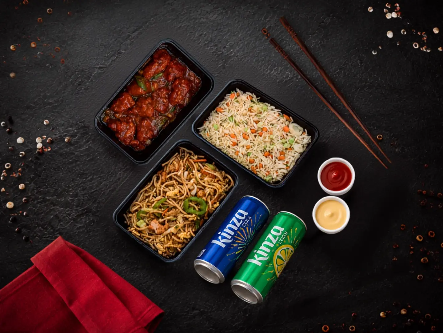 Chicken 65, Mixed Noodle, Mixed Fried Rice & Two Kinza