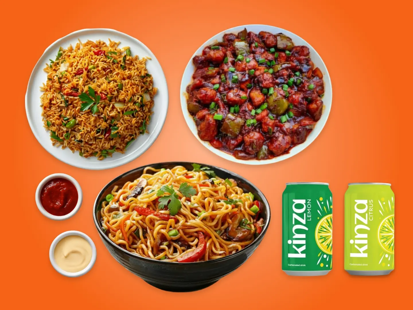 Chicken Manchurian, Mixed Noodle, Mixed Fried Rice & Two Kinza