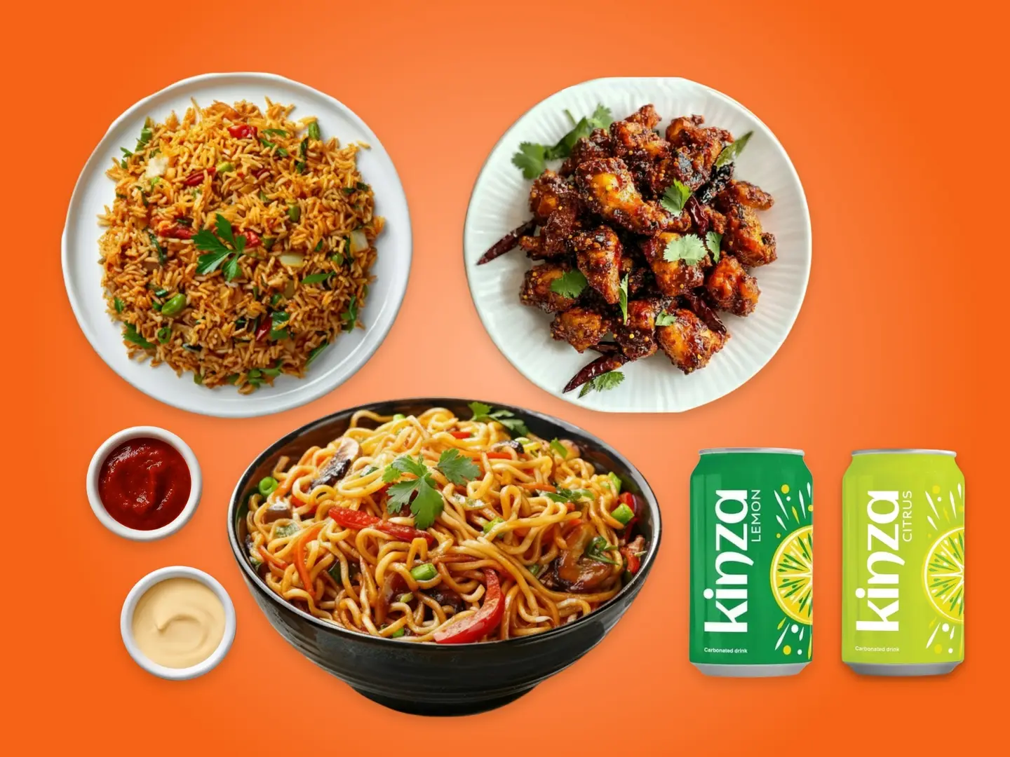 Chicken 65, Mixed Noodle, Mixed Fried Rice & Two Kinza