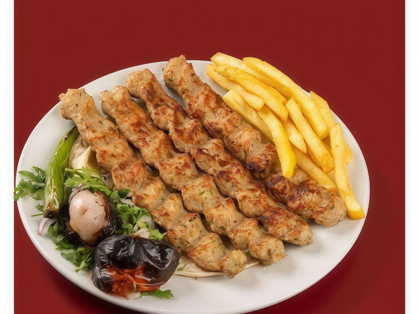 وجبة كباب دجاج مع رز وبطاطس