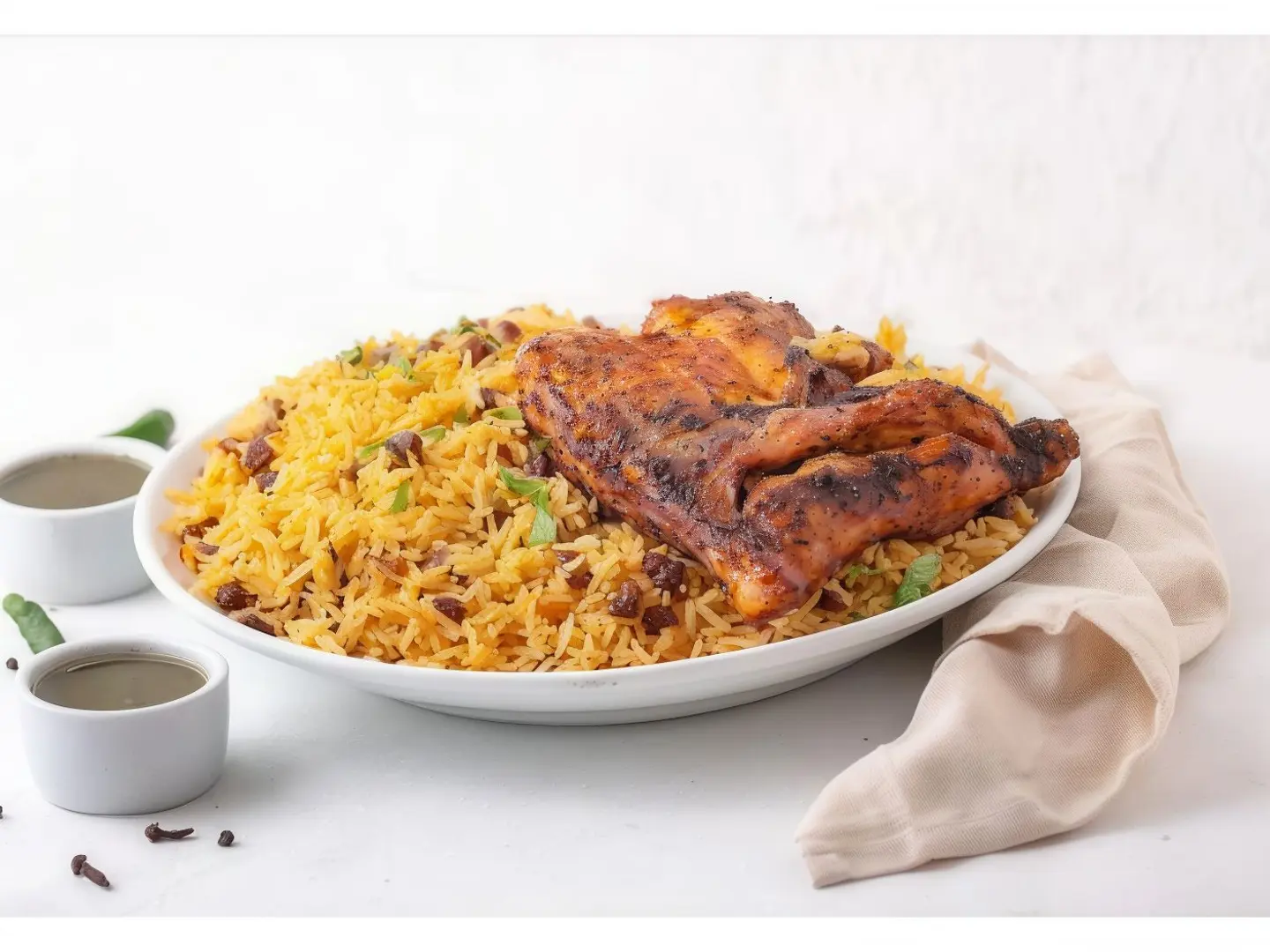 نص حبة دجاج على الفحم مع أرز