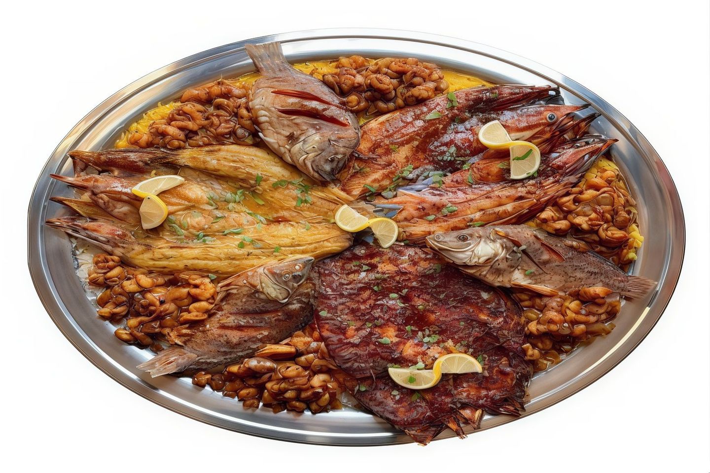 Seafood Family Platter For Three Peoples One Kingfish One Seabream One Shaari Shrimp Two Soups And Rice