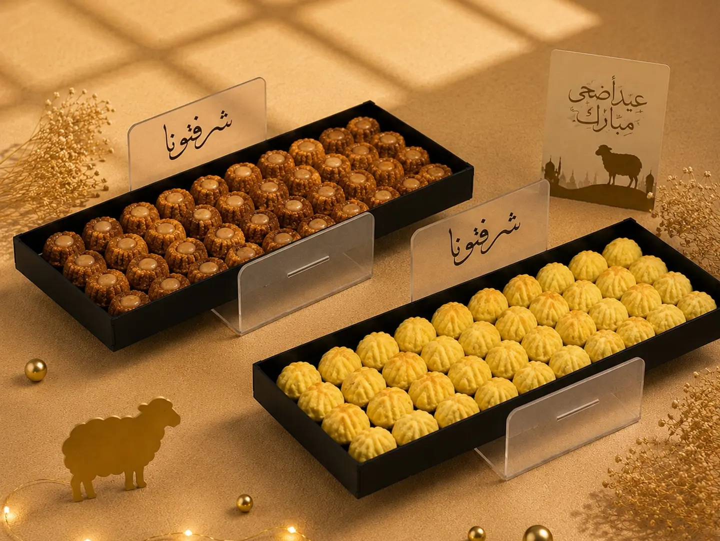 عرض صينيتين العيد الفاخرة معمول تمر وكيك تمر كراميل