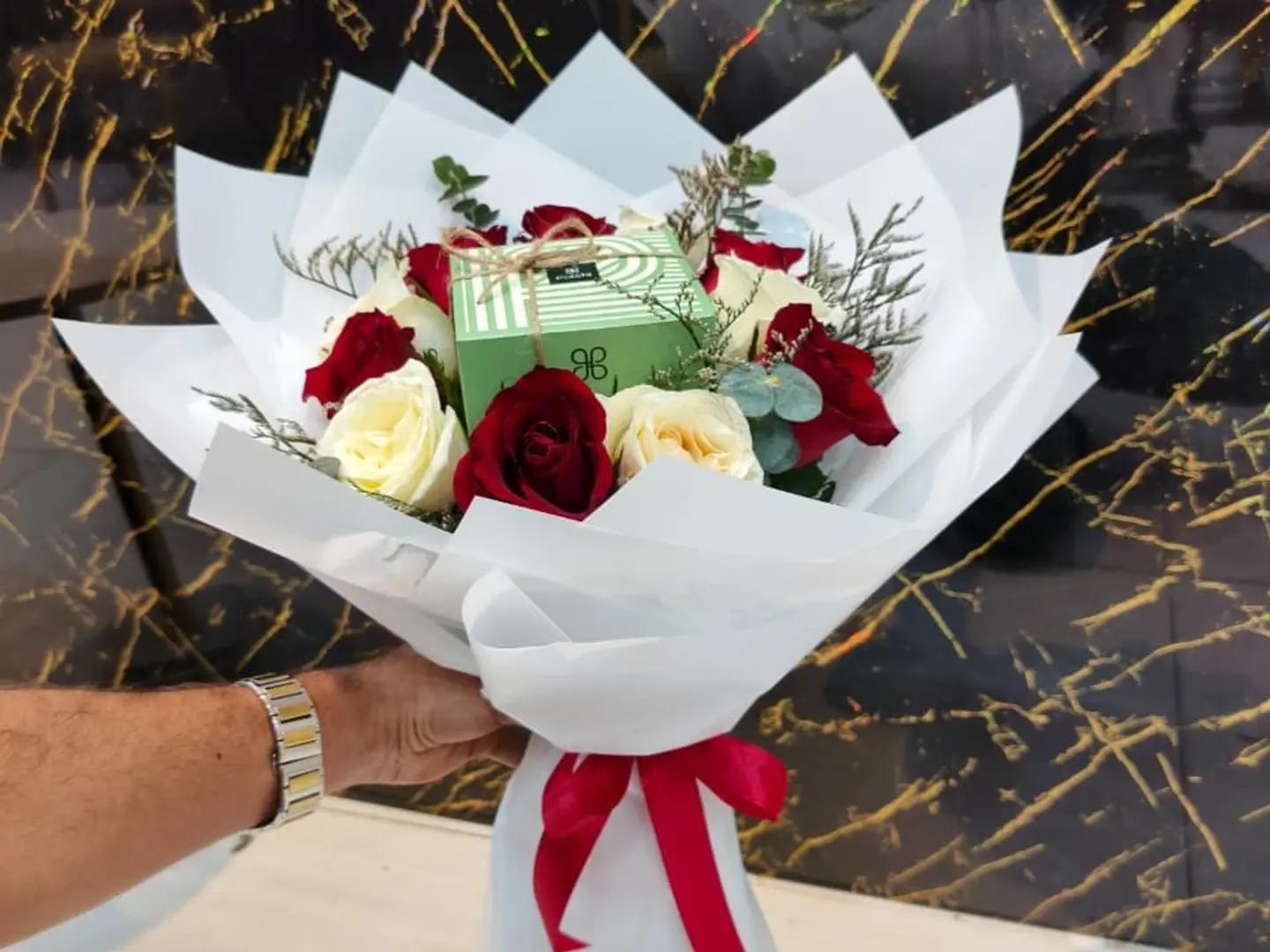 White And Red Bouquet With Patchi