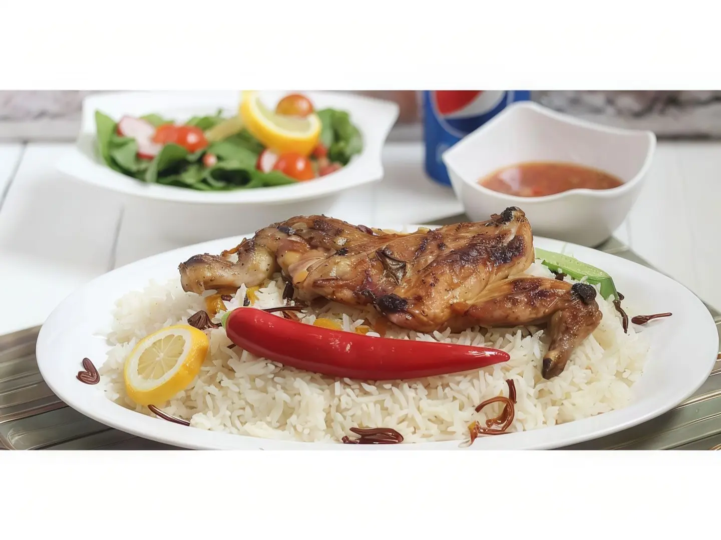 Half Oven Baked Chicken With Rice, Vegetables, Soup, And Salad