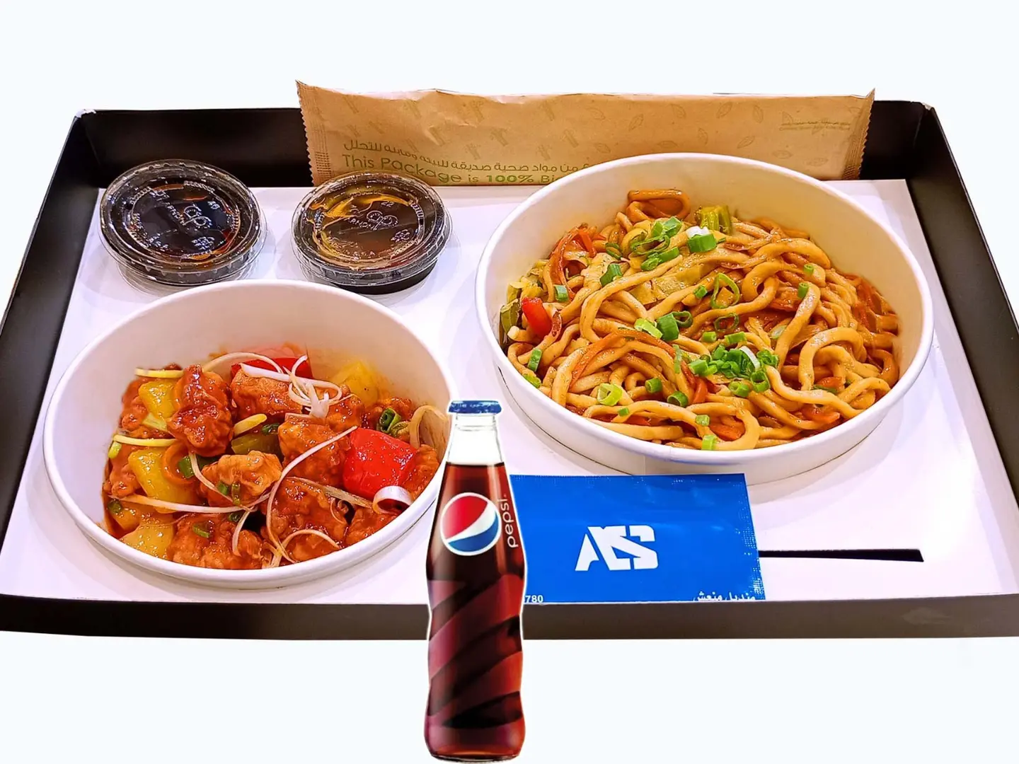 Sweet And Sour Chicken With Noodles And Pepsi Free