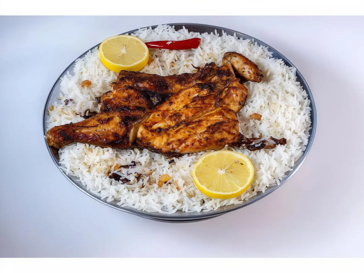 نص حبة دجاج على فحم مع الرز