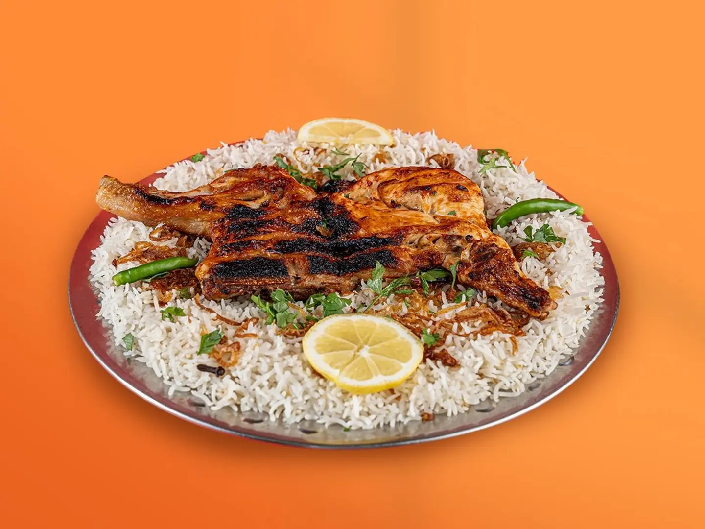 Half A Grilled Chicken On Charcoal With Rice