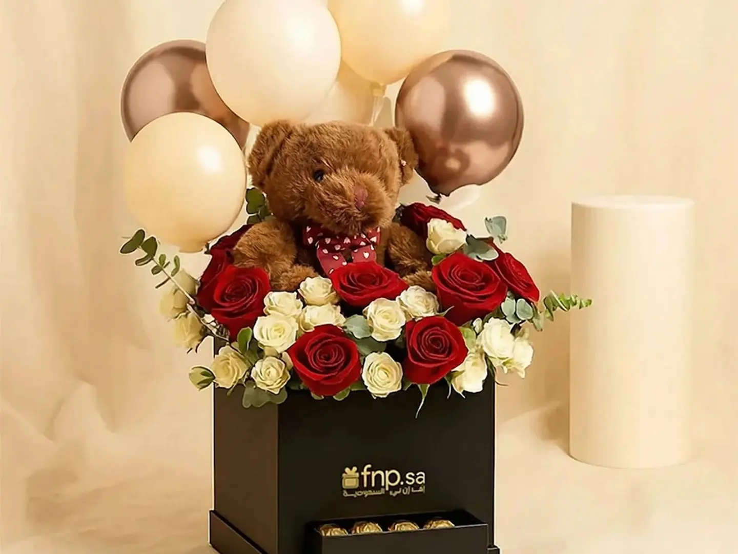 Teddy Balloon And Flower Box With Chocolates