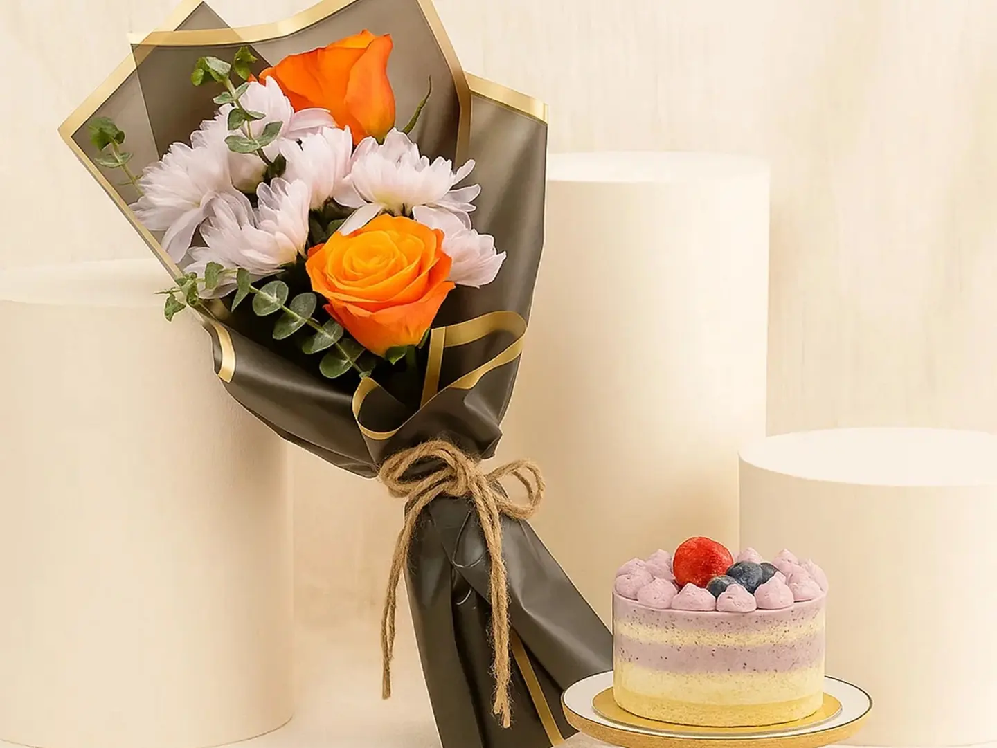 Mini Blueberry Cake N Flower Bouquet Combo