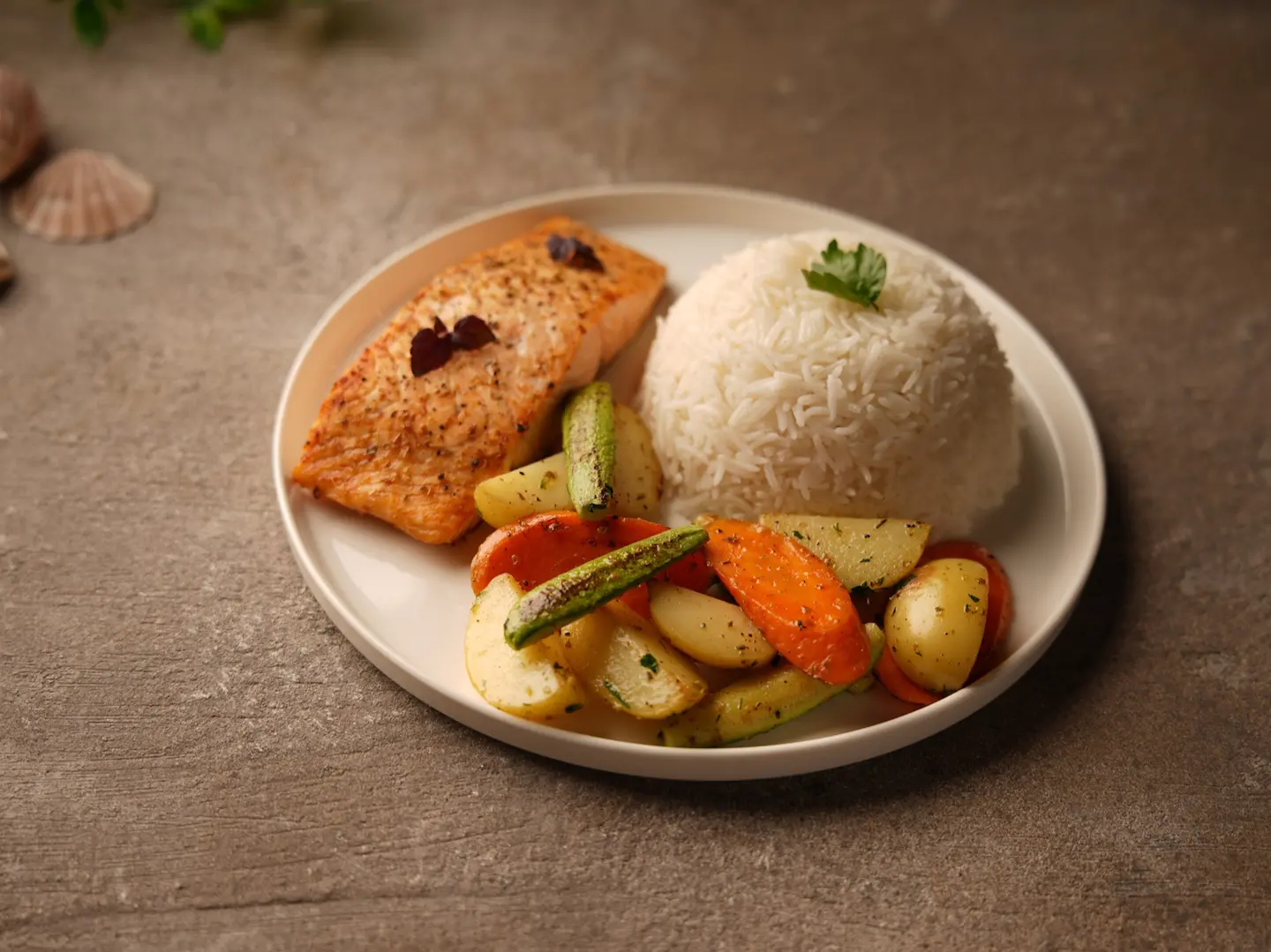 Grilled Salmon Meal With Rice And Vegetables