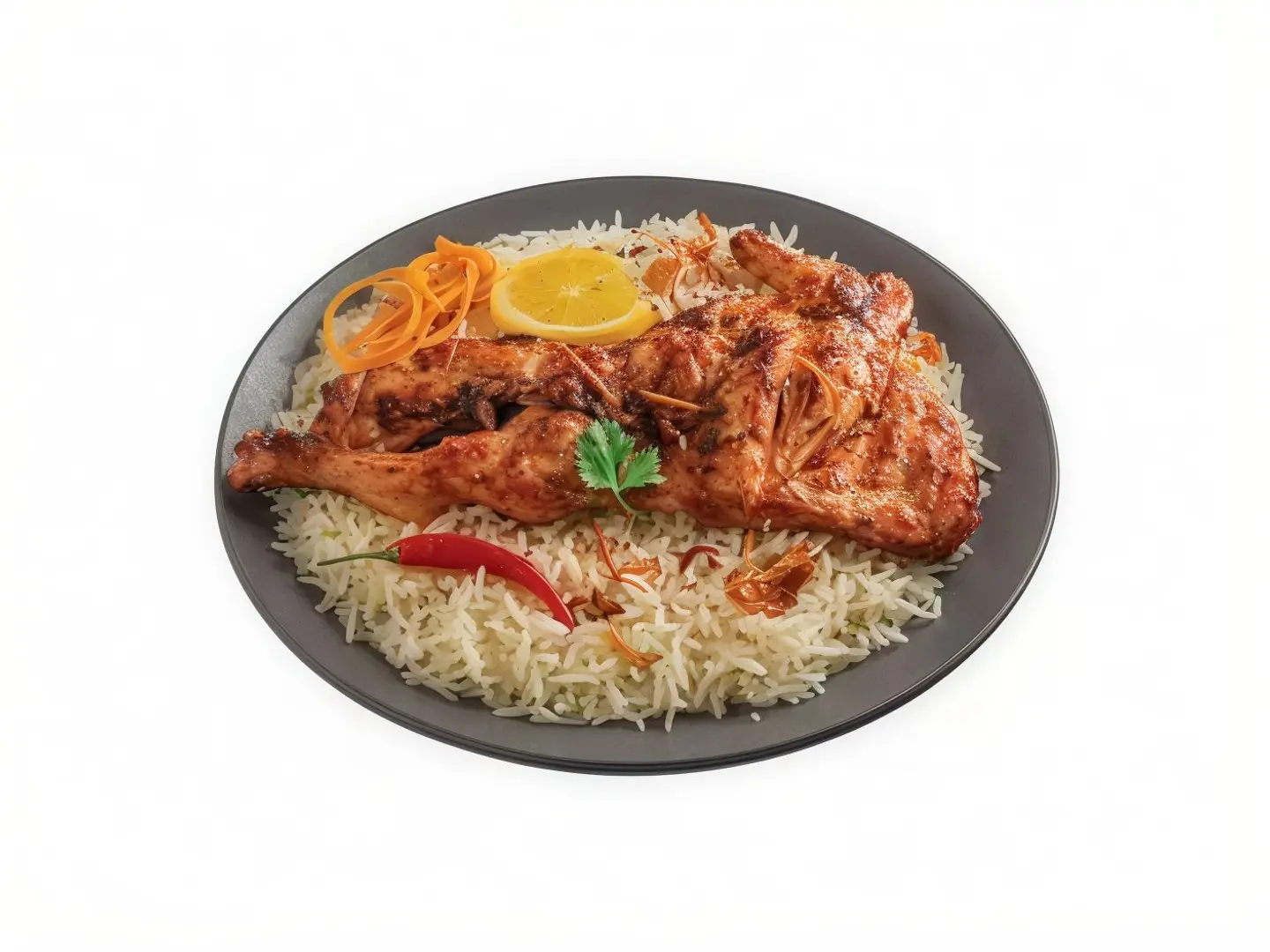 نصف دجاج على الفحم مع الرز