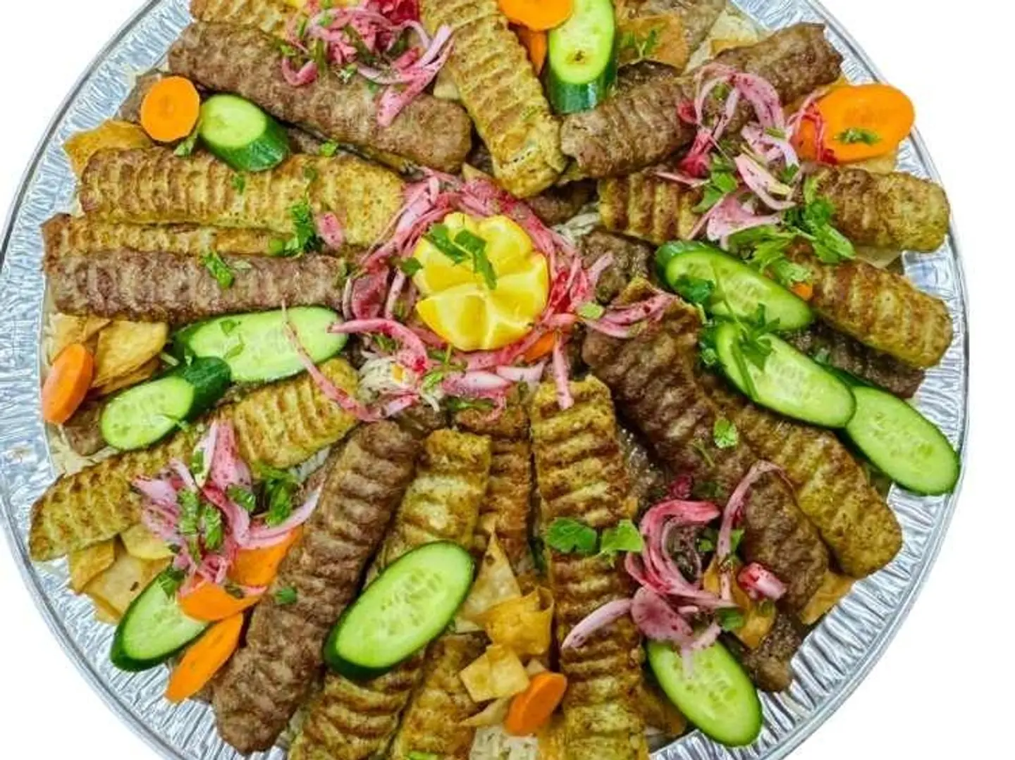 Bahbouh Mixed Kebab Tray, 12 Skewers Of Meat Chicken With 2 Portions Of Rice And 1 Side Dish