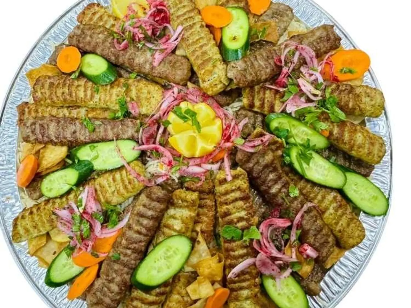 Bahbouh Tray, 24 Skewers Of Mixed Kebab Meat Chicken) With 2 Portions Of Rice And 2 Side Dishes.