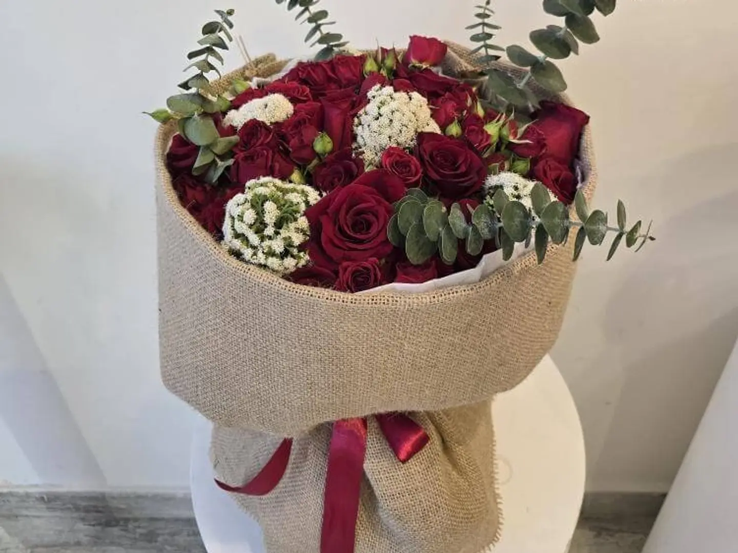 Red Roses Bouquet With Beige Wrapping