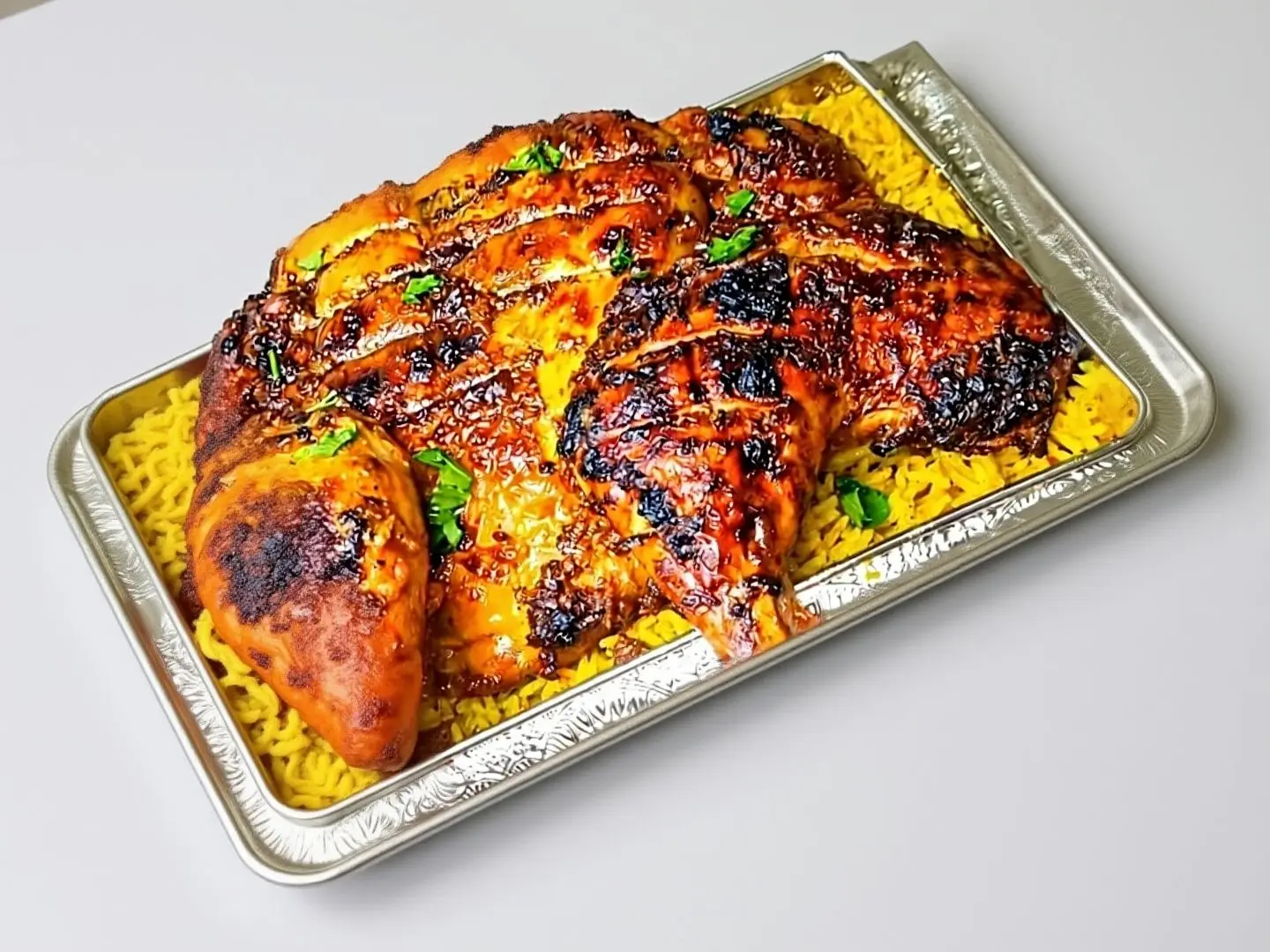 نصف دجاج مشوي على الفحم مع أرز أصفر مدخن