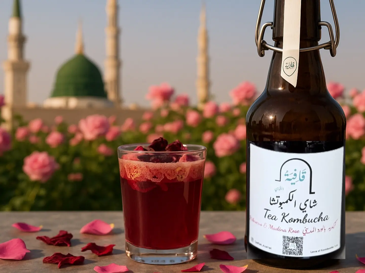 شاي الكامبوتشا الكركديه والورد المديني الطازج