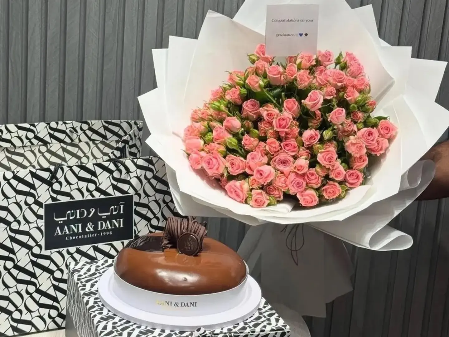 Pink Rose Bouquet With Ani And Danny Cake